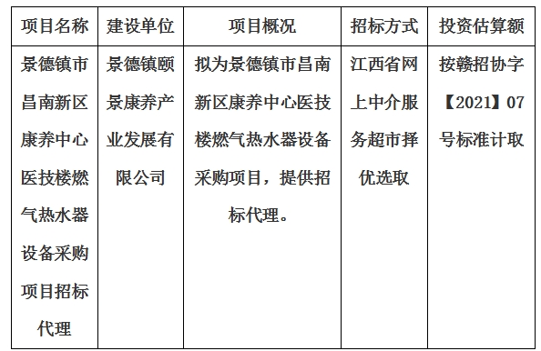 景德鎮(zhèn)市昌南新區(qū)康養(yǎng)中心醫(yī)技樓燃氣熱水器設(shè)備采購項目招標(biāo)代理計劃公告